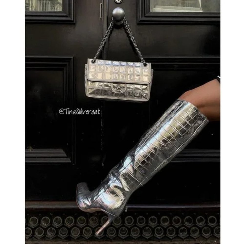 BLOGGER'S FAVE! Zara Embossed Square Toe High Heel Knee High Boots Silver NWT - Picture 15 of 17